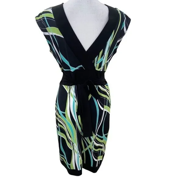 Frank Lyman v neck cap sleeve jersey knit dress black trim & belt graphic print - Picture 6 of 11